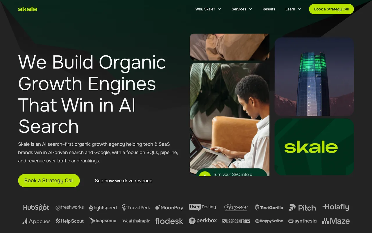 Skale homepage screenshot, SaaS and B2B SEO