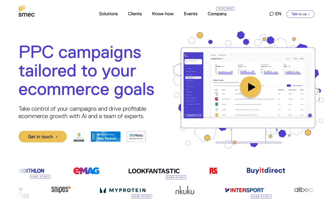 Smarter Ecommerce (smec) homepage screenshot, Google Shopping, Performance Max and CSS for retailers