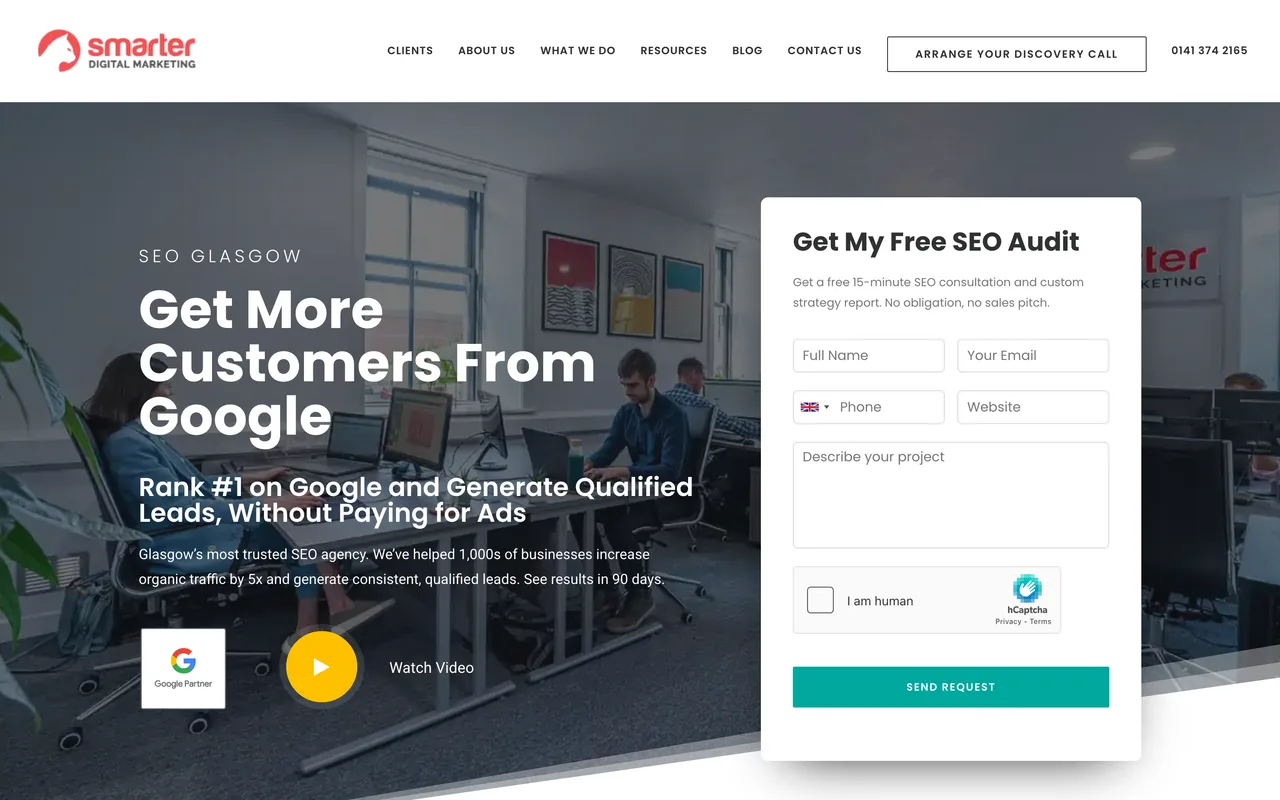 Smarter Digital Marketing homepage screenshot, SEO, PPC and web design