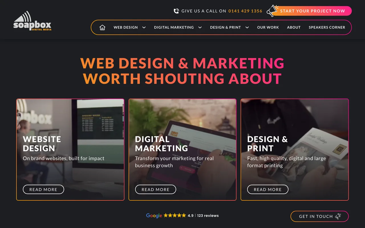 Soapbox Digital Media homepage screenshot, SEO, web design and print