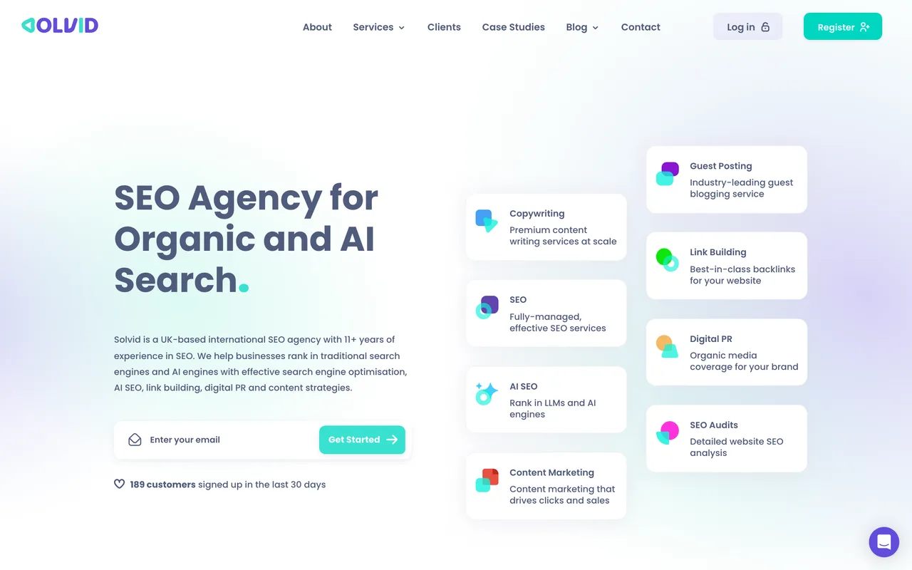 Solvid homepage screenshot, SEO and link building with a crypto and forex vertical