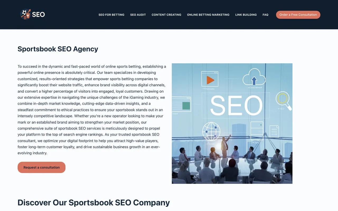 Sportsbook SEO Agency homepage screenshot, Sportsbook and betting SEO and link building