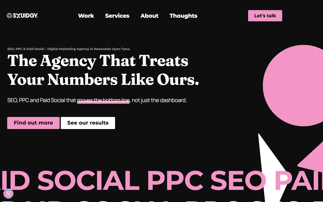 SQUIDGY homepage screenshot, SEO, PPC and paid social