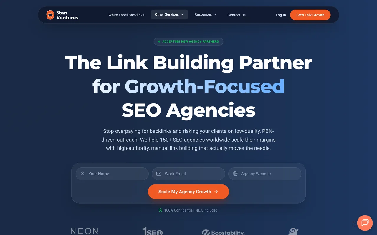 Stan Ventures homepage screenshot, White-label guest posting and blogger outreach