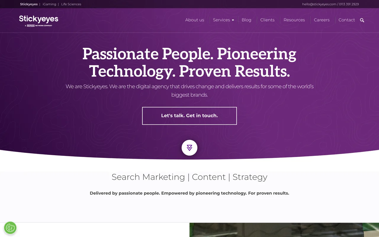 Stickyeyes homepage screenshot, Search and content marketing