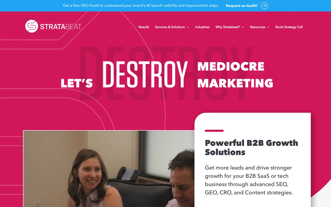 Stratabeat homepage screenshot, B2B fintech SEO and content