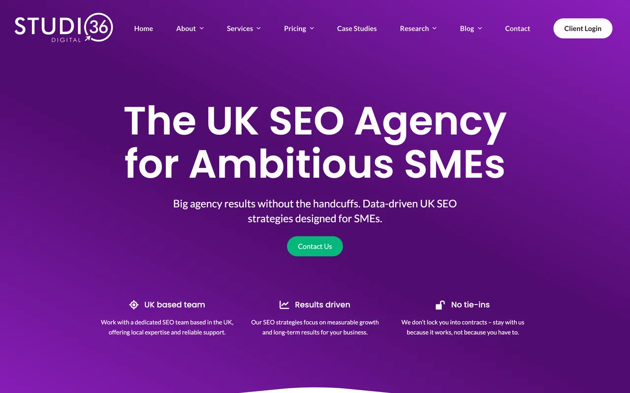 Studio 36 Digital homepage screenshot, SME SEO with no fixed contracts