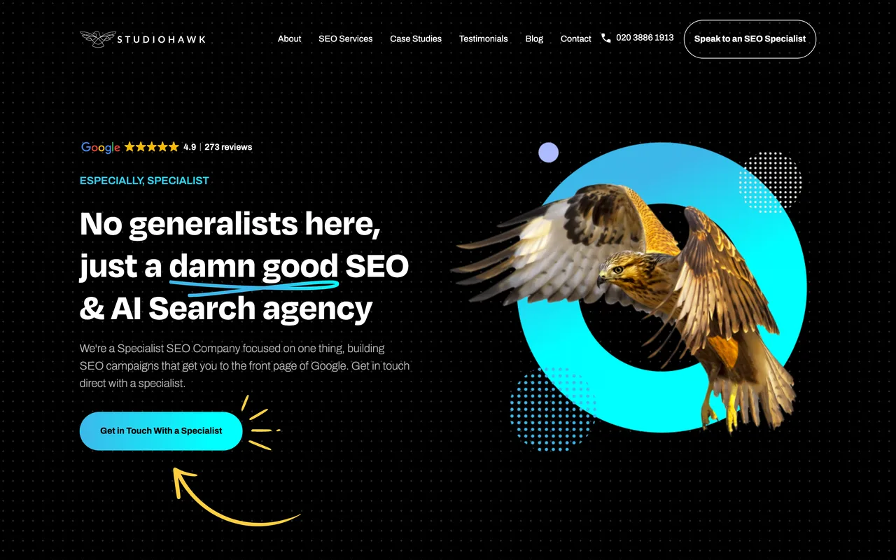 StudioHawk UK homepage screenshot, Specialist SEO only (with a small business SEO service)