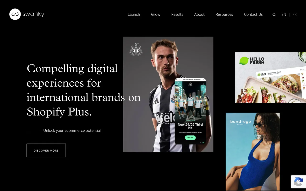 Swanky homepage screenshot, Full-service Shopify Plus replatforming and growth