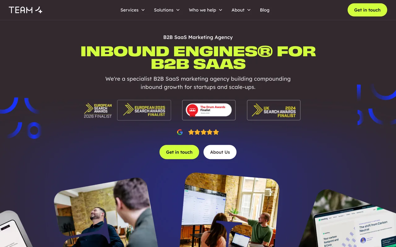 Team 4 homepage screenshot, Fintech SEO and B2B SaaS marketing