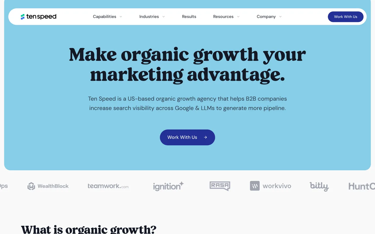 Ten Speed homepage screenshot, B2B and SaaS organic growth (SEO, AEO and content)