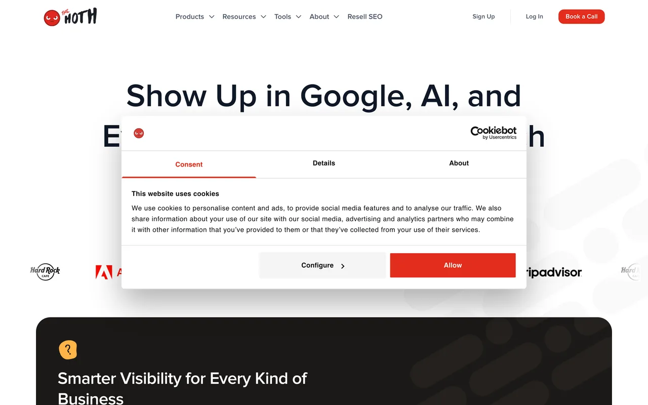 The HOTH homepage screenshot, Managed SEO, link building and AI visibility