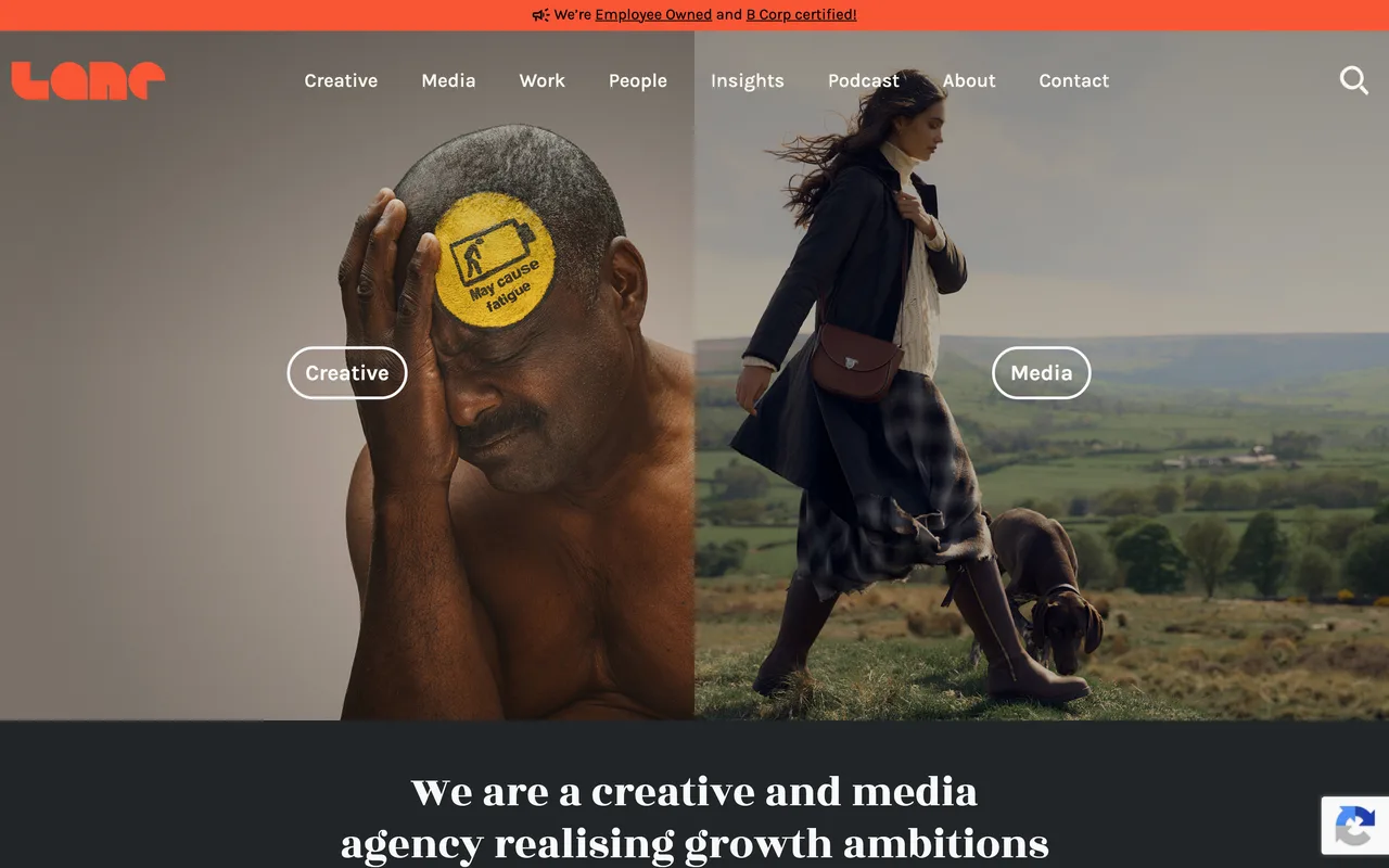 The Lane Agency homepage screenshot, Creative, media and SEO