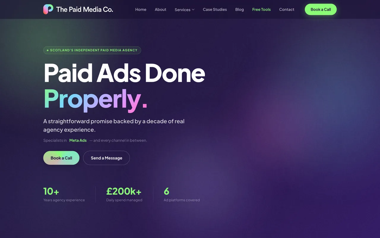 The Paid Media Company homepage screenshot, Legal PPC across Google Ads, Bing and LSAs