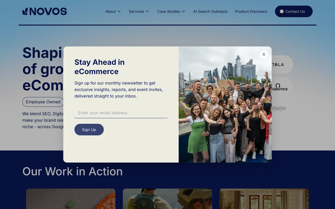 NOVOS homepage screenshot, Ecommerce SEO and Digital PR