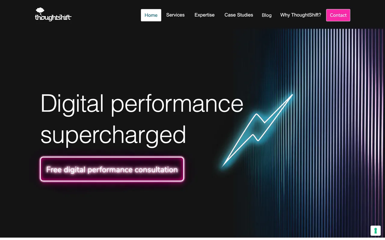 ThoughtShift homepage screenshot, SEO and PPC across sectors including charity