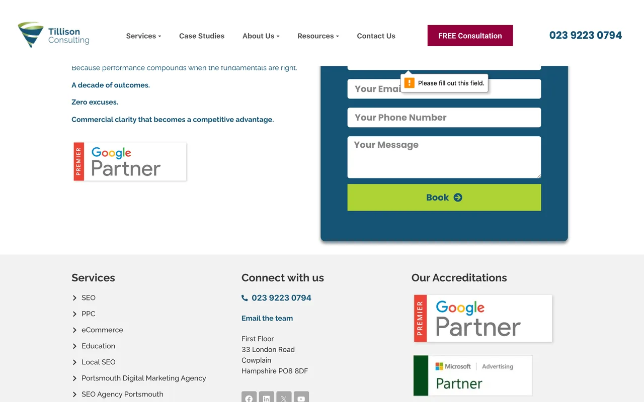 Tillison Consulting homepage screenshot, SEO and PPC for schools across the full education range