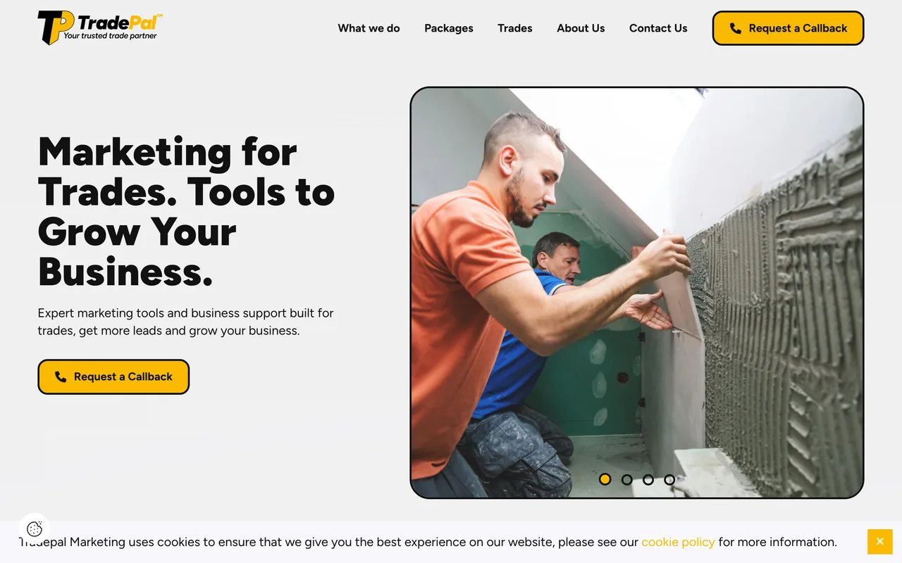 TradePal homepage screenshot, Marketing and growth tools for skilled trades