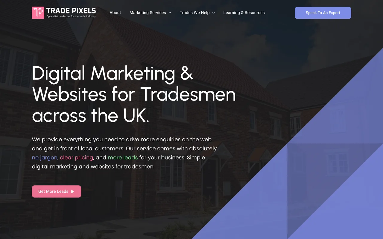 Trade Pixels homepage screenshot, Local SEO and websites for tradespeople