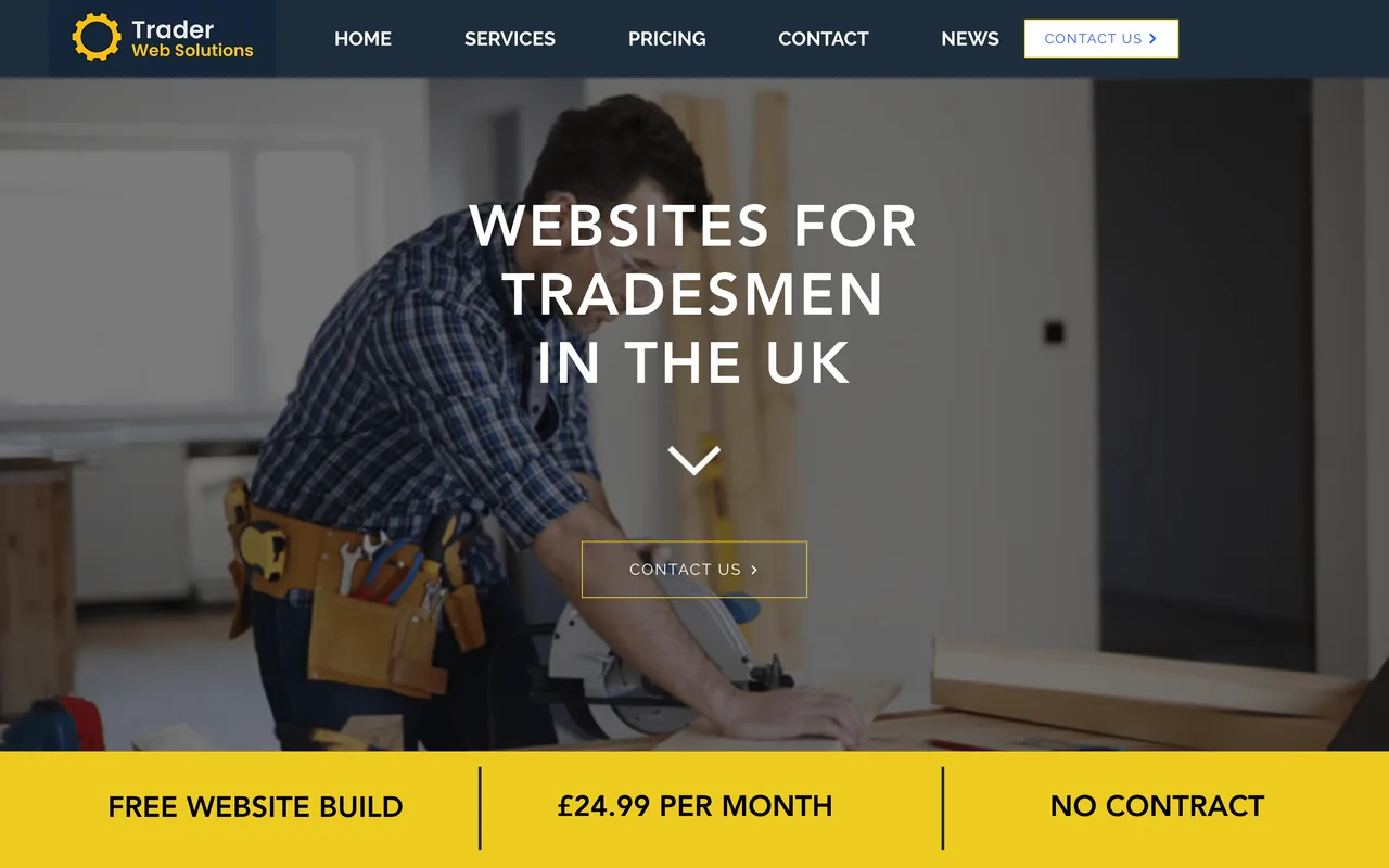 Trader Web Solutions homepage screenshot, Websites built specifically for tradesmen