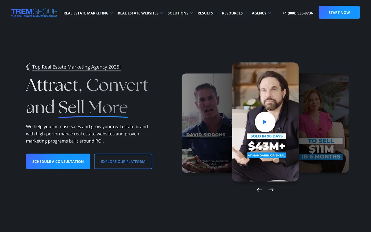 TREM Group homepage screenshot, Real estate paid advertising (Google, Meta, YouTube)