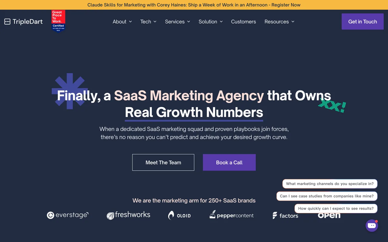 TripleDart homepage screenshot, B2B SaaS marketing with a dedicated cybersecurity SEO offering