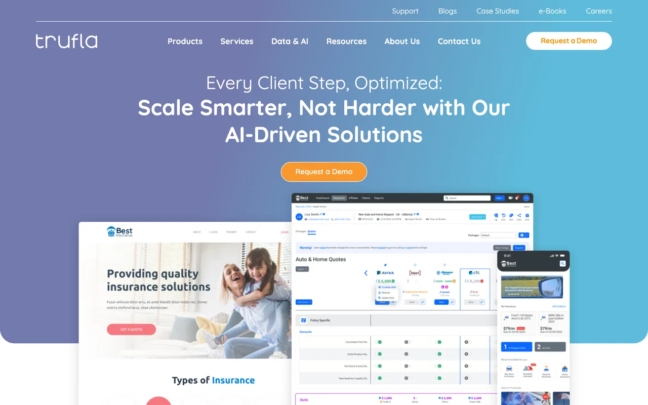 Trufla Technology homepage screenshot, Insurance SEO and lead generation within a broker technology suite