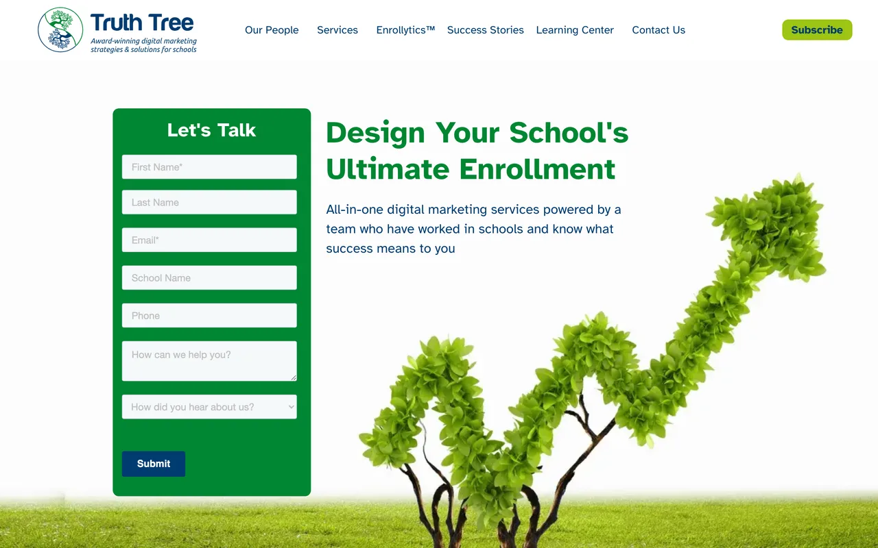 Truth Tree homepage screenshot, School marketing and enrolment for private and independent schools