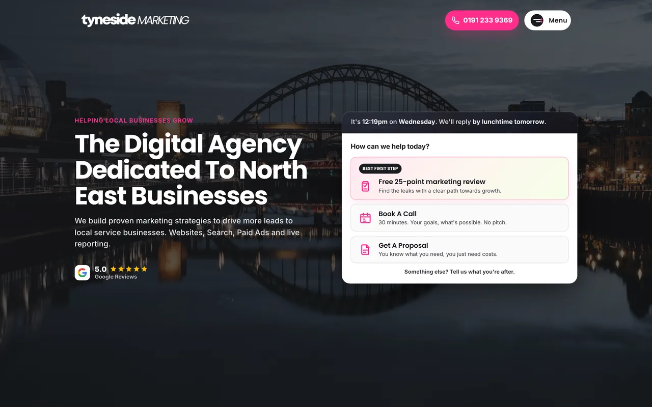 Tyneside Marketing homepage screenshot, SEO and answer engine optimisation
