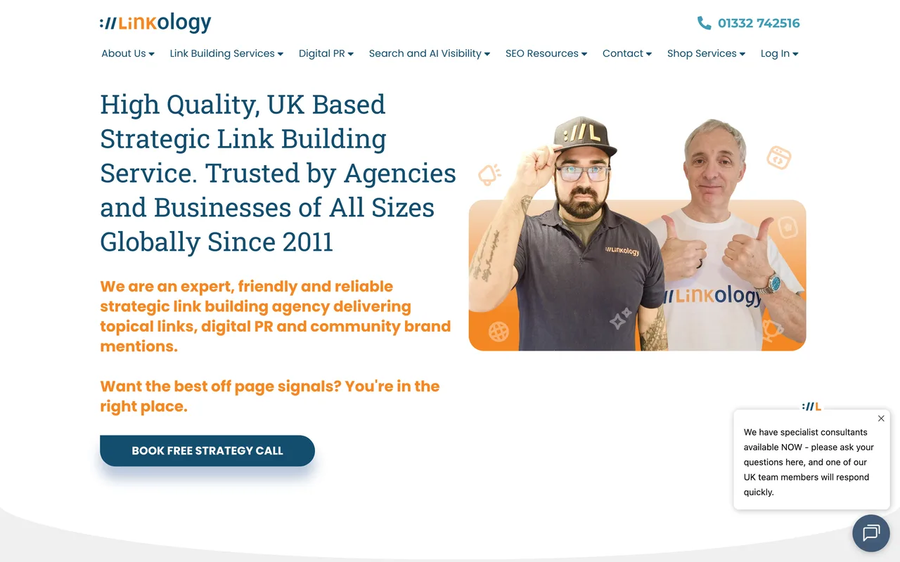 UK Linkology homepage screenshot, Link building including gambling and iGaming links