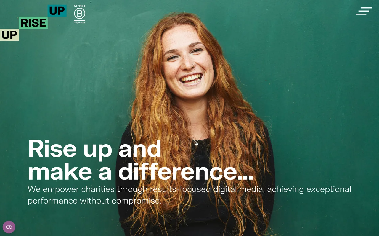 Uprise Up homepage screenshot, Digital media for charities, with Google Ad Grants management