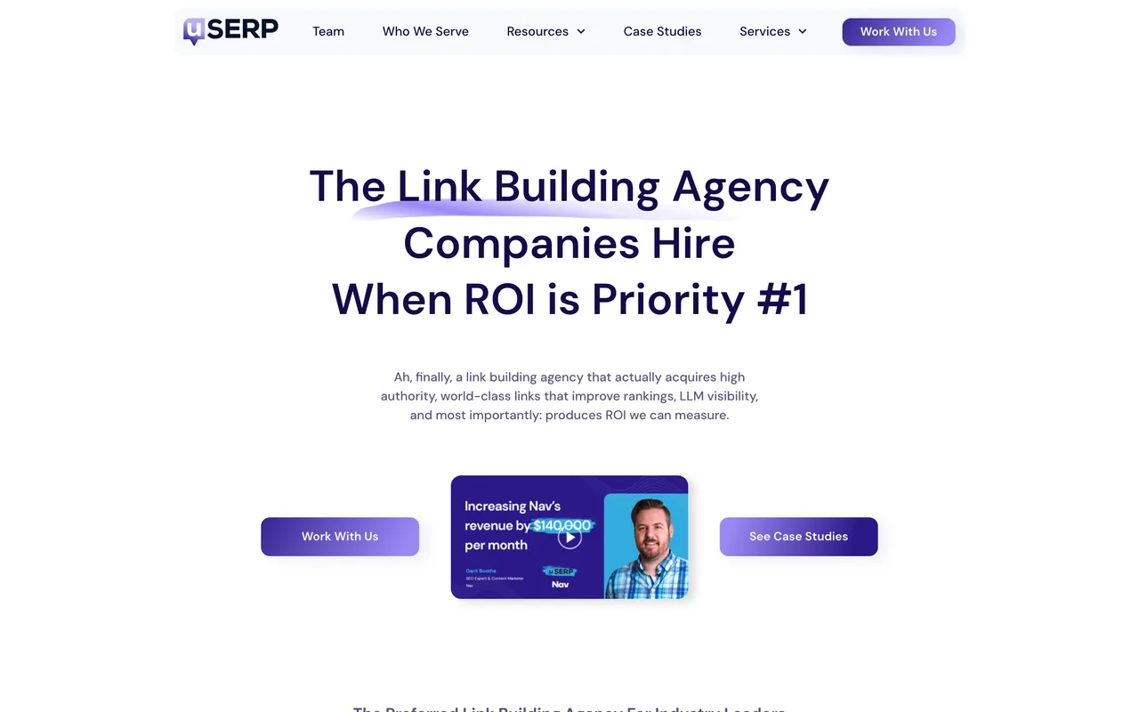 uSERP homepage screenshot, High-authority link building and digital PR
