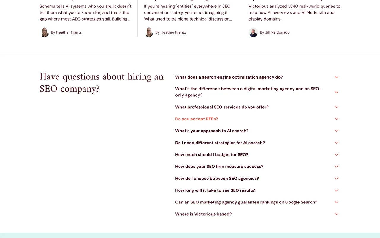Victorious homepage screenshot, SEO and AI search optimisation