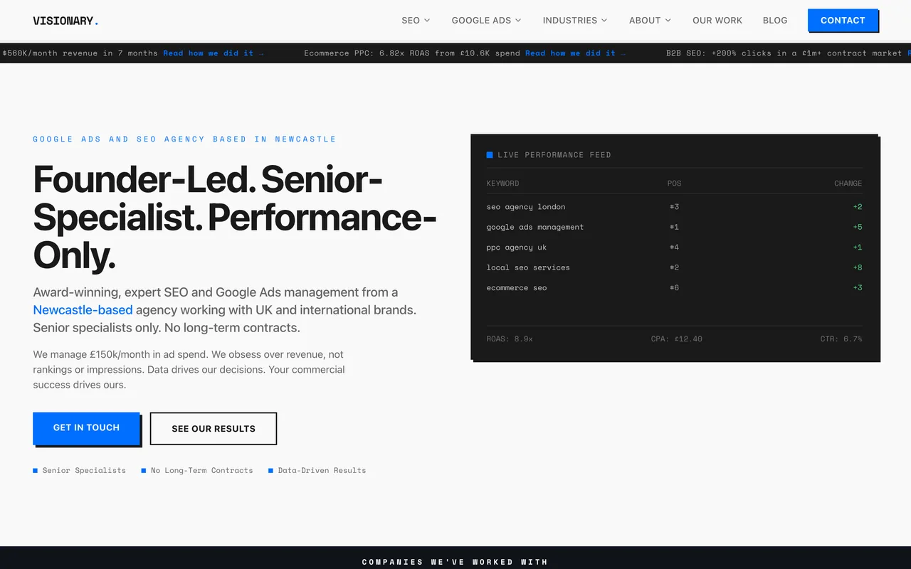 Visionary Marketing homepage screenshot, Revenue-first SEO and Google Ads