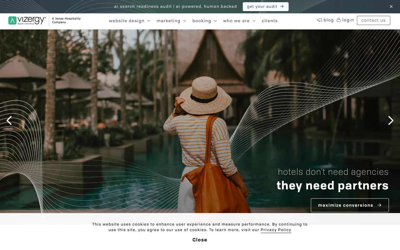 Vizergy Digital Marketing homepage screenshot, Hospitality digital marketing and booking technology