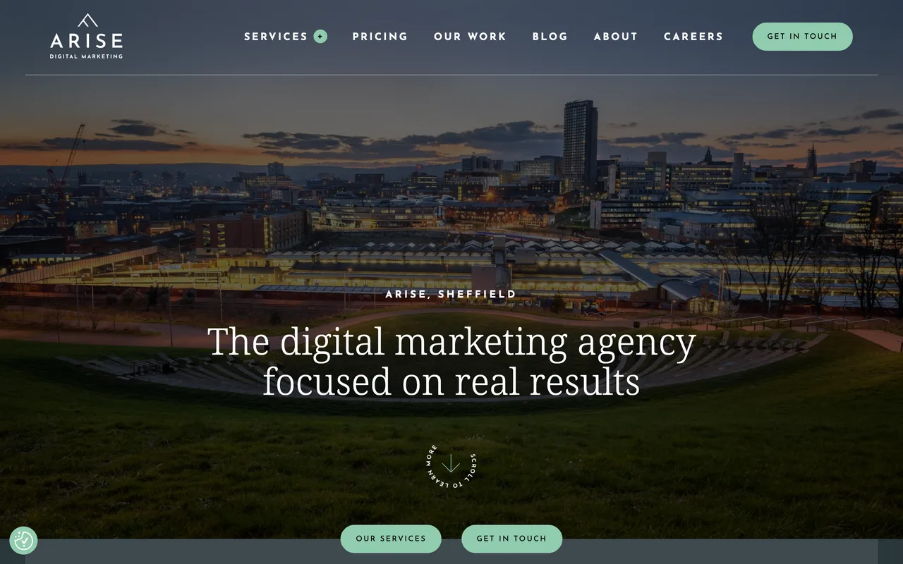 Arise Digital Marketing homepage screenshot, SEO, PPC and web for local businesses