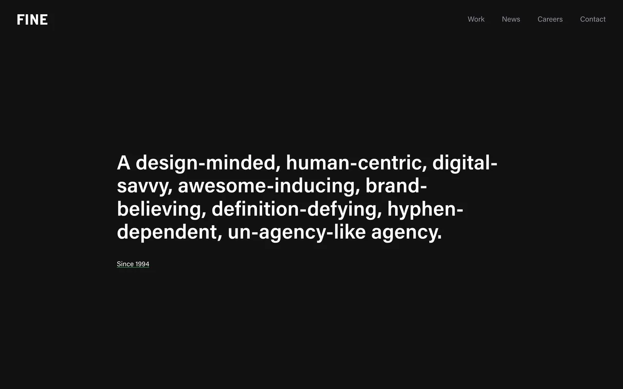 FINE homepage screenshot, Hospitality brand strategy and web design