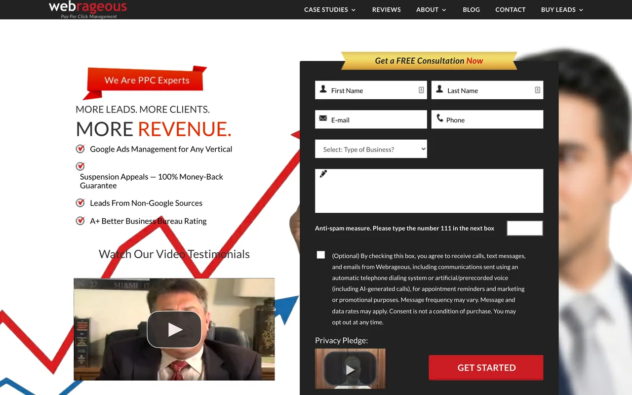 Webrageous homepage screenshot, Paid-search-only lead generation, legal focus