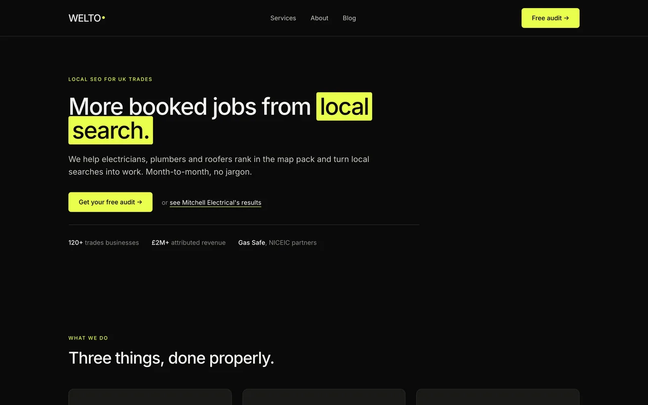 WELTO homepage screenshot, Local SEO for trades, roofers included