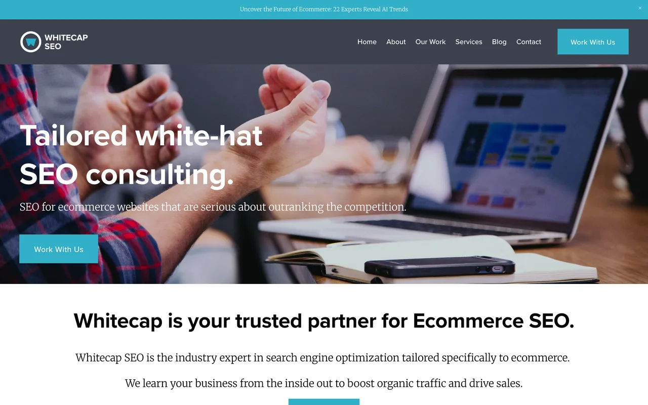 Whitecap SEO homepage screenshot, Ecommerce SEO built for BigCommerce