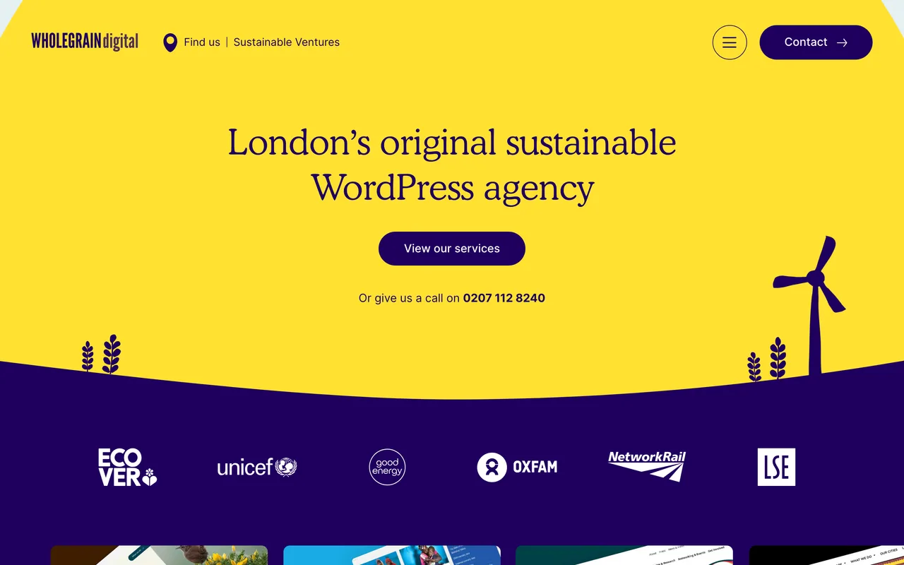 Wholegrain Digital homepage screenshot, Sustainable, low-carbon WordPress web design and development