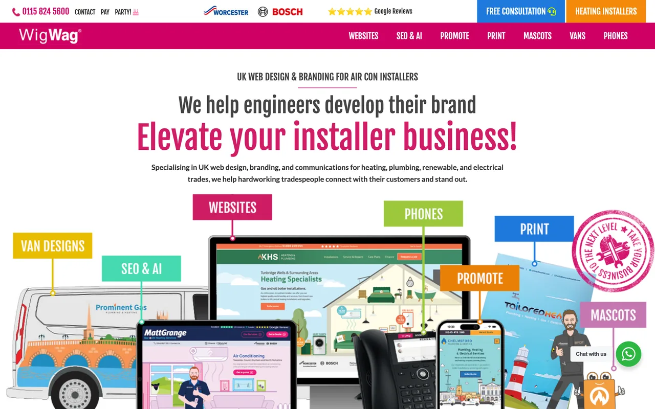 WigWag homepage screenshot, Web design, branding and SEO for trades