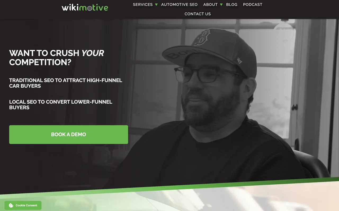 Wikimotive homepage screenshot, Boutique automotive SEO for car dealerships
