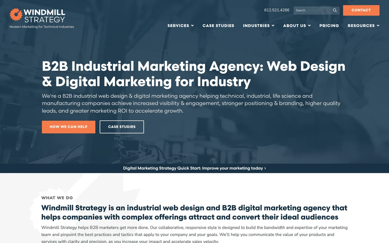 Windmill Strategy homepage screenshot, B2B industrial and manufacturing digital marketing