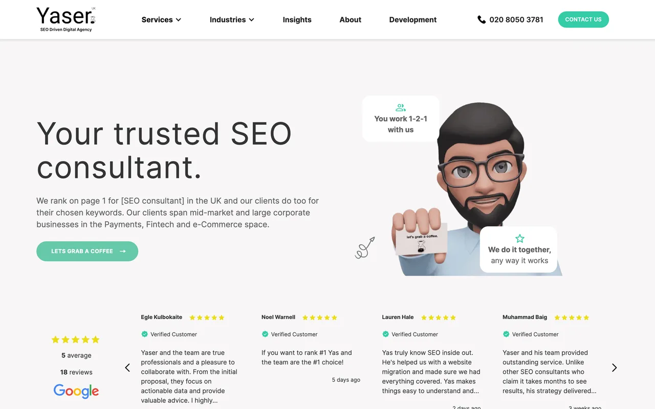 Yaser UK homepage screenshot, Fintech and financial services SEO