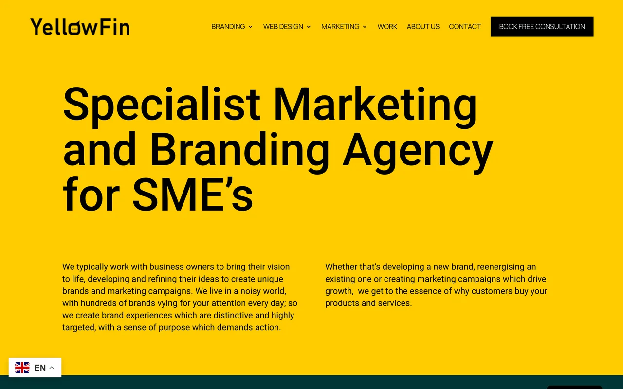 YellowFin homepage screenshot, Restaurant branding and web design for SMEs
