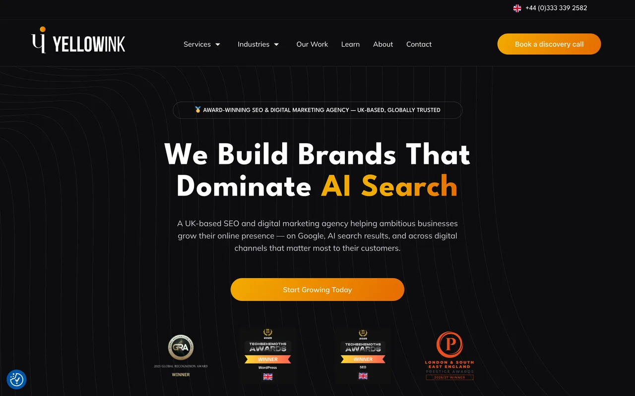 YellowInk Digital homepage screenshot, Automotive SEO for UK dealerships, garages and MOT centres