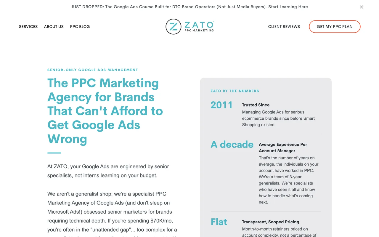 ZATO homepage screenshot, Ecommerce Google Shopping and Performance Max