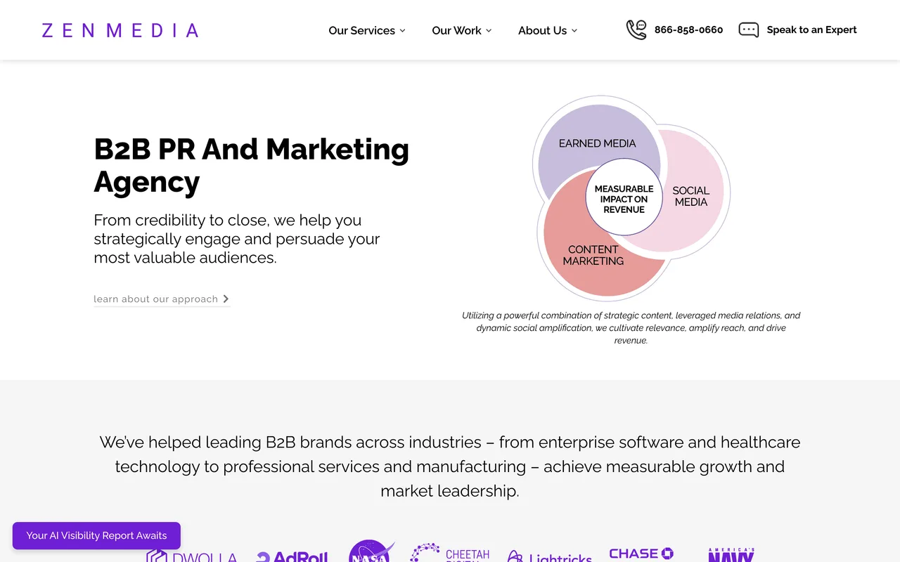 Zen Media homepage screenshot, Integrated B2B PR across earned, owned and paid media